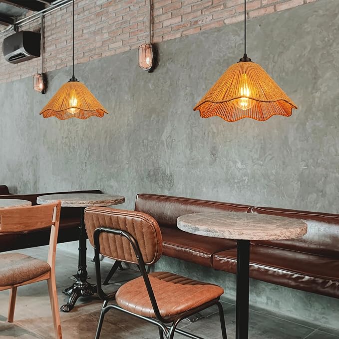 Plug in Pendant Light, Rattan Hanging Lights with Plug in Cord 13FT Hemp Black Cord, On/Off Switch Chandelier for Boho Living Room Bedroom Kitchen（Bulb Included） Brown-12 x 6 inch - 2 Pack