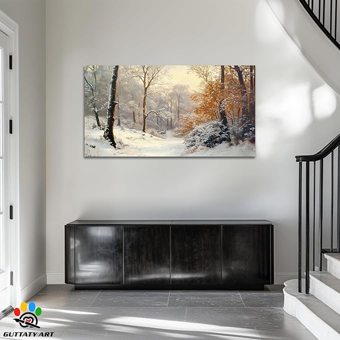 GUTTATY Christmas Winter Scene Canvas Wall Art, Snowy Forest Wall Painting, Warm Light Tree Poster, Winter Canvas Prints for Living Room, Holiday Wall Decor, Hanging Pictures for Bedroom, 60x30 Inch