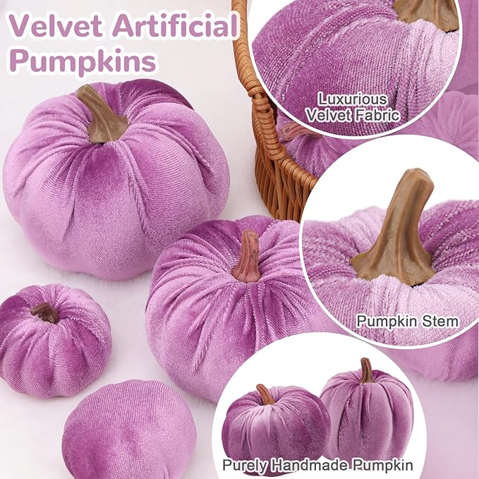 12Pcs Thanksgiving Velvet Fake Pumpkins Artificial Halloween Handmade Fall Harvest Centerpiece Decoration for Home Kitchen Farmhouse Purple