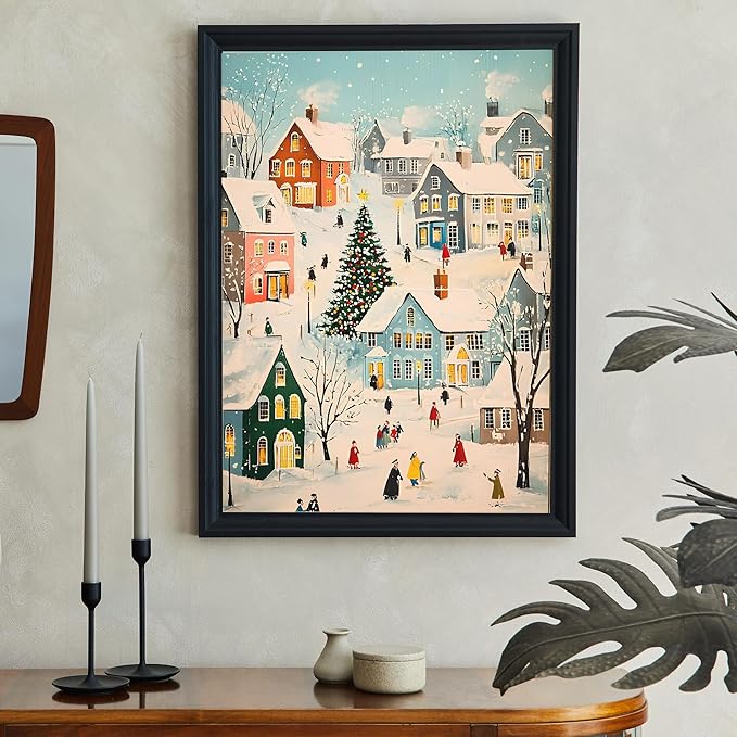 OZCONO Retro Winter Village Art, Pastel Snowy Town Christmas Decor, Cute Noel House Decor Idea, Holiday Home Accent, Cozy Seasonal Wall Artwork, Xmas Print (Unframed) (12x18)