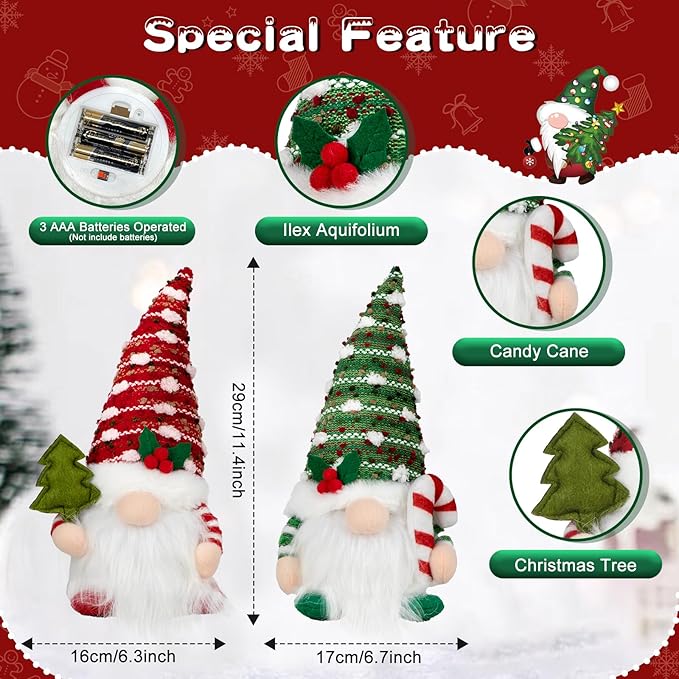 Christmas Gnome Decorations Indoor 11.4inch Light Up Christmas Gnomes Plush Home Decor Leprechaun Hold Candy Cane Ornaments with LED Lights Elf Tiered Tray Xmas Gifts Decor (Set of 2)