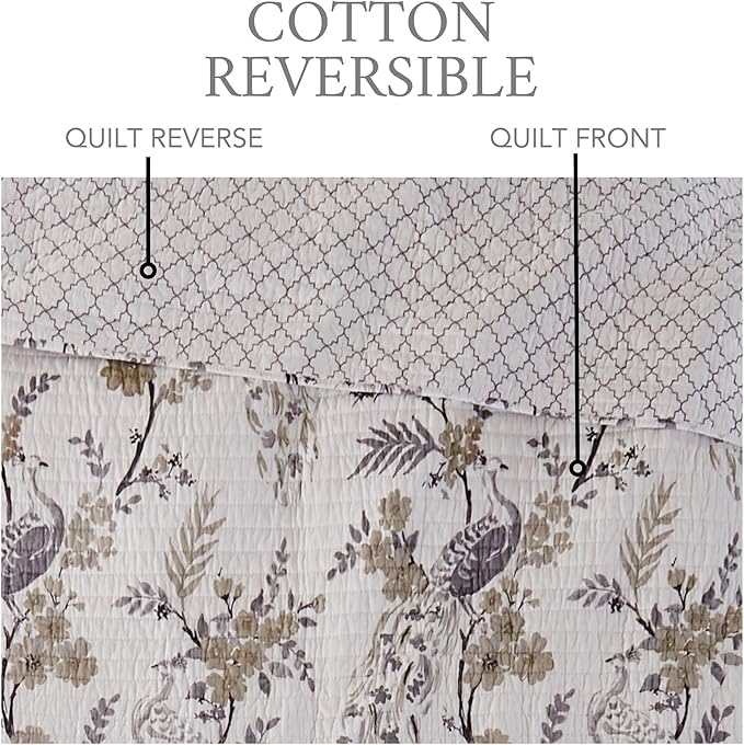 Levtex Home Pisa Reversible Twin XL/Twin Quilt Set (68x86in) with 1 Pillow Sham (26x20in) - Floral Peacock - Grey, Taupe - 100% Cotton Twin Size Quilt Bedding Set - Lightweight, Soft, Pre-Washed