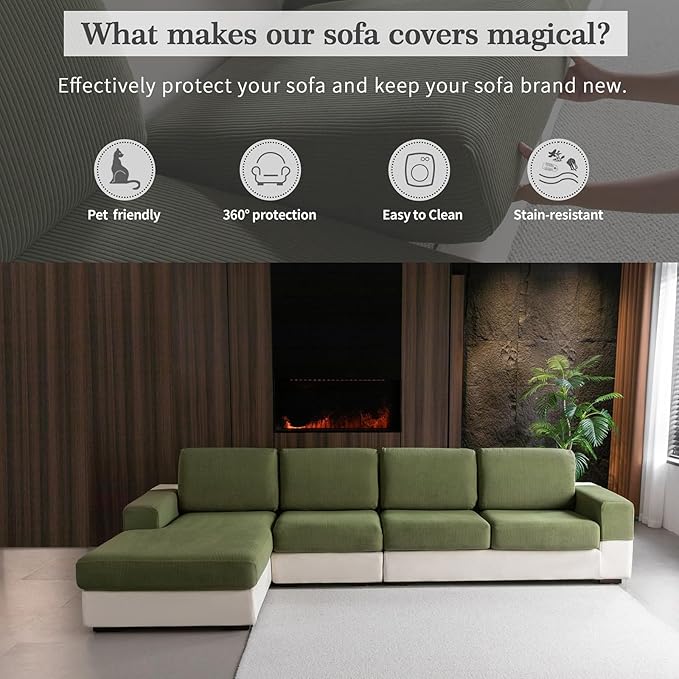 Sectional Couch Covers, Wear Resistant Stretch Sofa Covers Washable Soft Couch Cushion Covers Anti Slip Furniture Protector Sofa Slipcovers for Pets (1 Piece Armrest Sofa Cover, Green)