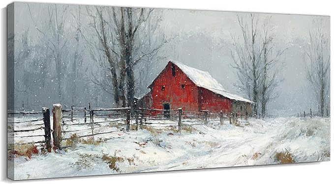 GUTTATY Christmas Winter Scene Canvas Wall Art, Rustic Red Barn Pictures, Snowy Landscape Wall Print, Country Farmhouse Canvas Painting, Festive Hanging Artwork for Living Room Decor, 60x30 Inch