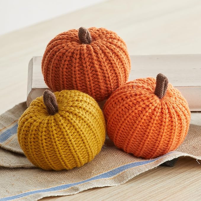 Your Heart's Content Set of 12 Small 3 inch Knit Pumpkins, Fall Home Decor, Bowl Fillers, Shelf Sitter Accents, Wedding Centerpiece, Cozy Home, Garland or Ornaments (Small Knit Assorted 12)