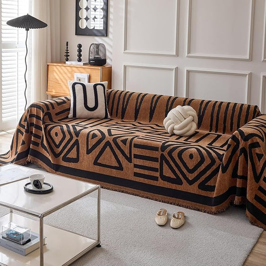 DREAMINGO Boho Couch Cover Washable Chenille Sofa Cover Blanket Brown Black Furniture Protector for Sectional 3 Cushion Couch Reversible Geometric Jacquard Sofa Slipcover, XX-Large 71"x150"