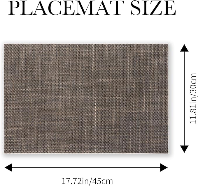 BACKTOEDEN Placemats Set of 6 Heat Resistant Washable Wipeable Placemat Woven Non-Slip Foldable Vinyl/Plastic Place Mats Indoor/Outdoor Mat Kitchen Dining Table Pad, Dark Brown