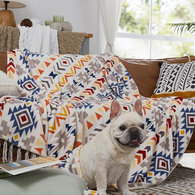 CASAAGUSTO Boho Throw Blanket - Colorful Decorative Blankets with Tassel, Printed Flannel Bohemian Blanket for Chair, Bed, Sofa, Couch(50 * 60, Colorful)