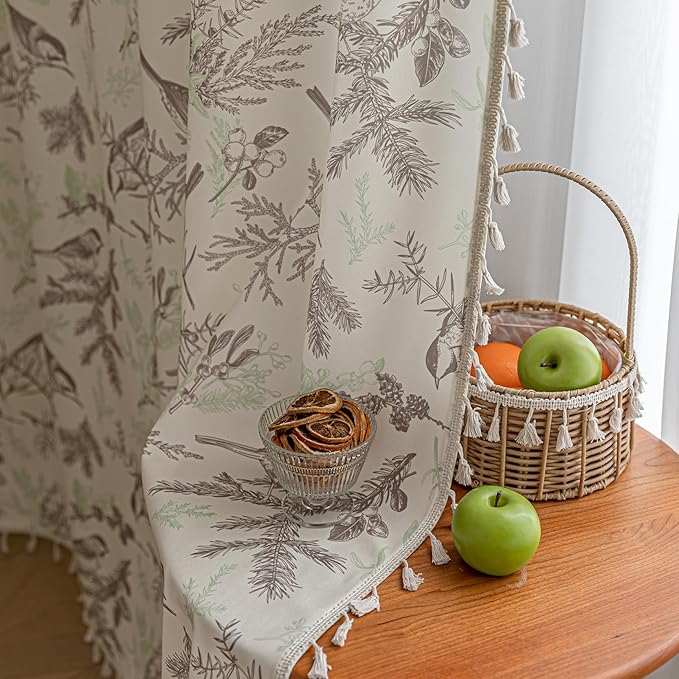 Boho Floral Curtains French Country Farmhouse Curtains 54 Inches Long Light Filtering Window Rod Pocket Drapes for Living Room 2 Panels-Beige Birds