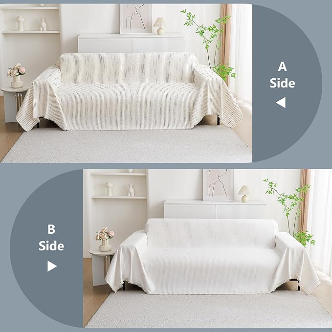 MYSKY HOME Sectional Couch Cover, Beige Lines Sofa Covers for Sectional Sofa L Shape Chenille Couch Protector for Dogs Pets Couch Throw Cover Washable Durable for Home Decor, 71" X118"