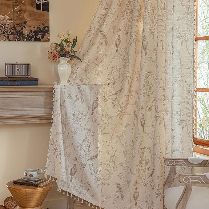OYX Boho Curtains, Floral Curtains Beige with Garden Birds, Farmhouse Birds Drapes 63 Inches Length Semi Sheer, Rod Pocket Vintage French Country Window Curtain Set 2 Panels for Kitchen, Bedrooms