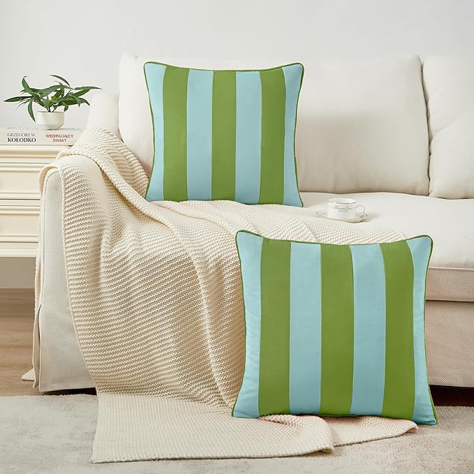 MONDAY MOOSE Decorative Throw Pillow Covers Cushion Cases, Set of 2 Soft Velvet Striped Piping Edge Designs, Pillow Inserts Not Included (Light Green/Light Blue, 22x22 inch)