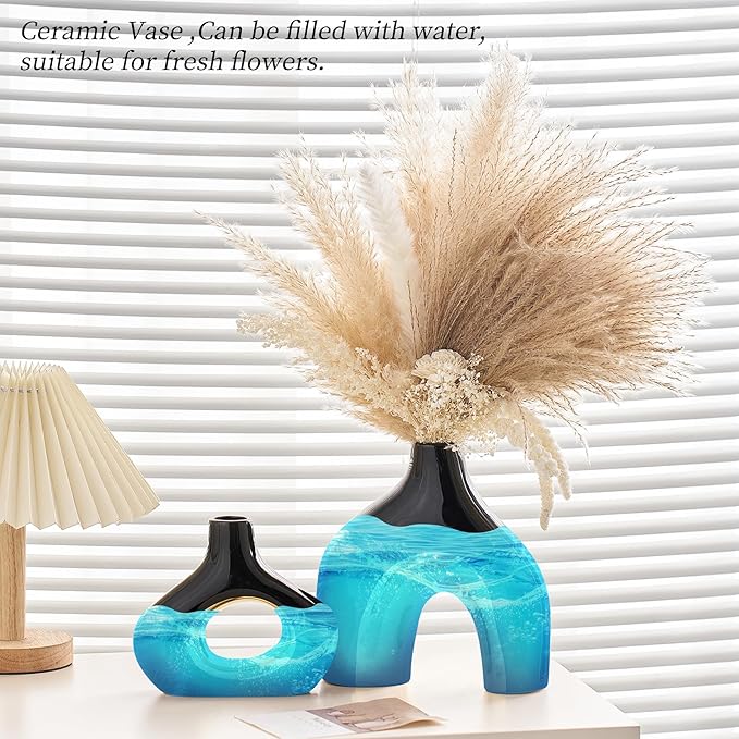 AWNR Black Vase Gold Decor: Set of 2 Ceramic Donut Vase for Home Decor Boho Rustic Vases for Flowers Unique Flower Vase for Living Room Bedroom Mantel Office Shelf Centerpiece Table Decorations