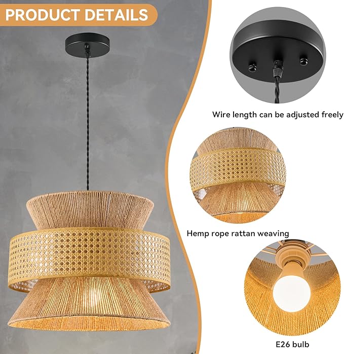 Rattan Pendant Light Fixture,Ceiling Bohemian Chandelier Rattan Flush Mount Hanging Light Fixture Woven Lamp Basket Chandelier for Kitchen Island Hallway Bedroom Dinning