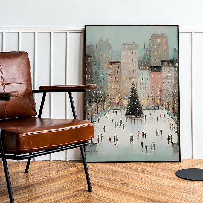 OZCONO Christmas Cityscape Wall Art, Retro Christmas Pastel Tone Decor, Whimsical Snowy Village Poster, Idea for Noel Season, Skating Scene Artwork (Unframed) (9x11)