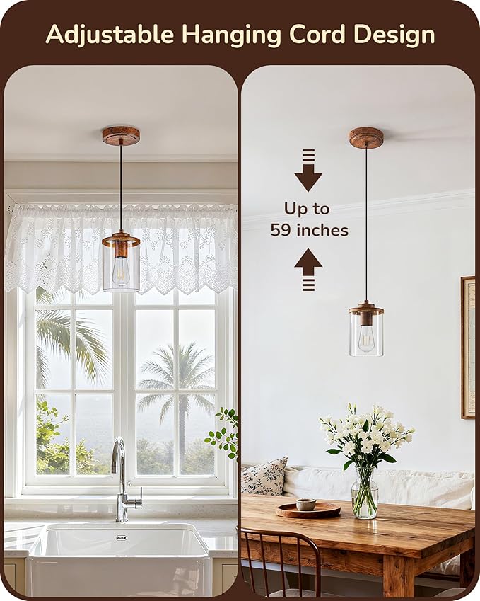 EDISHINE Modern Pendant Lights Kitchen Island, Clear Glass Shade, Farmhouse Adjustable Hanging Light with Wooden Grain Finish, E26 Base, Hardwired, for Dining, Sink, Bathroom, Hallway, Walnut, 2 Pack