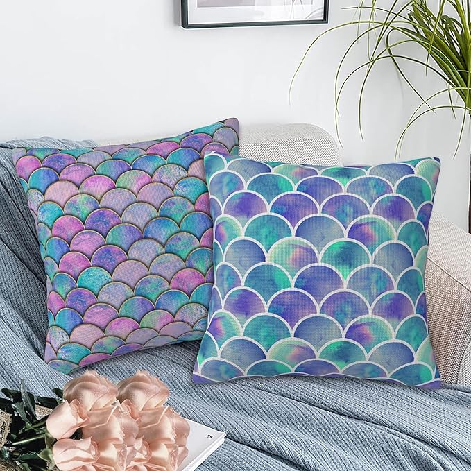 Throw Pillow Covers Mermaid Fish Scale Pillow Covers 18x18 Inch Set of 2 Watercolor Rainbow Scales Throw Pillows Decorative Pillow Cases Cushion Covers for Bedroom Livingroom Sofa Farm House