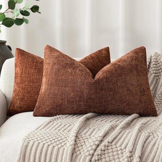 Foindtower Pack of 2 Textured Chenille Throw Decorative Pillow Covers Square Accent Solid Cushion Cover Neutral Farmhouse Lumbar Pillow Case for Couch Sofa Bedroom Living Room 12x20 Inch,Red Taupe