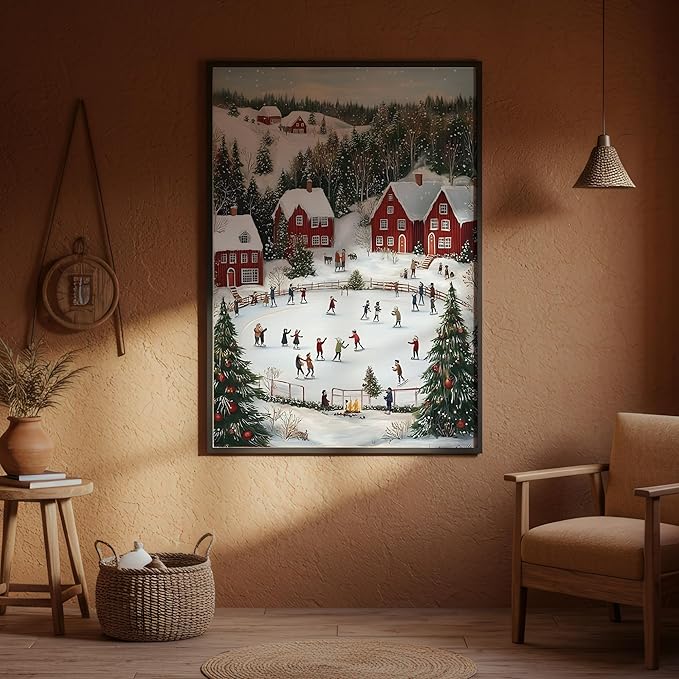 OZCONO Snowy Christmas Village Wall Art, Cozy Xmas Holiday Decor, Nordic Winter Town Scene with Ice Skating, Seasonal Home Artwork, Festive Scandinavian Cabin Accent (Unframed) (9x11)