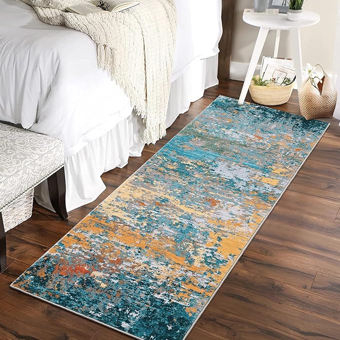 2x6 Modern Abstract Runner Rug Non Slip Soft Rug Stain Resistant Low Pile Non Shed Machine Washable for Hallway Kitchen Bathroom, Multi Color