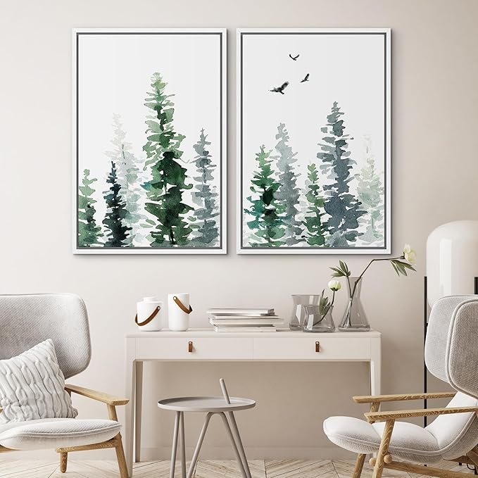 SIGNWIN Framed Wall Art Print Set Watercolor Green & Gray Forest and Birds Nature Wilderness Illustrations Modern Art Rustic Relax/Calm Multicolor for Living Room, Bedroom, Office - 24"x36"x2 White