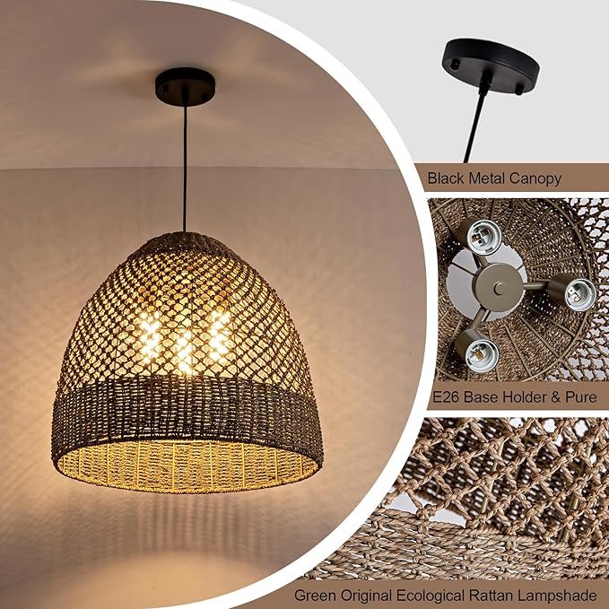 18.9" Rustic Woven Pendant Light Fixture 3-Lights Bohemian Handmade Basket Hanging Light Rattan Wicker Farmhouse Chandelier for Kitchen Island Bedroom Living Room, Kitchen Island, Foyer Hallway