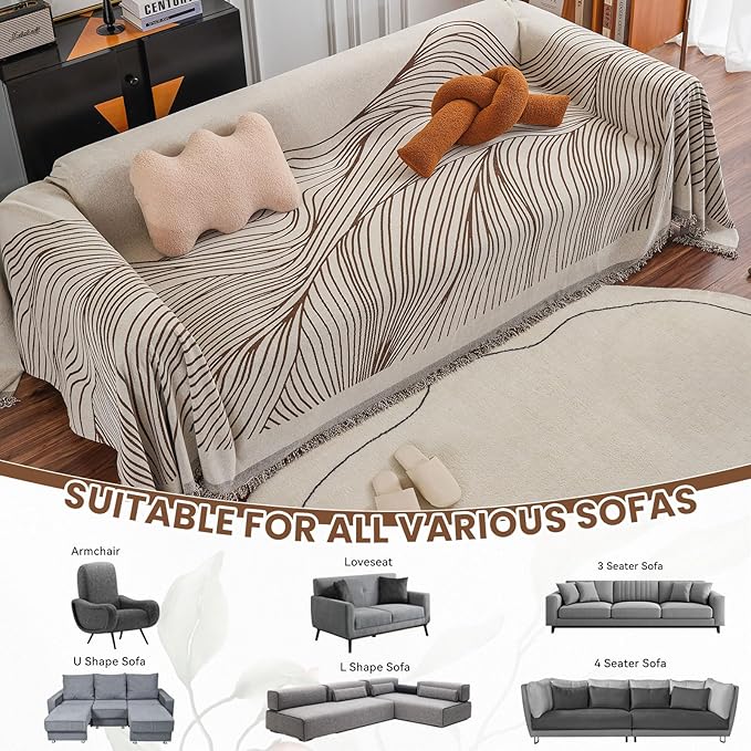 VClife XL Sofa Cover Chenille Couch Cover for 3 Cushion Couch Sofa, Modern Beige Chocolate Striped Couch Covers for Kids Washable Sectional Sofa Protector with Tassel 71"X134"