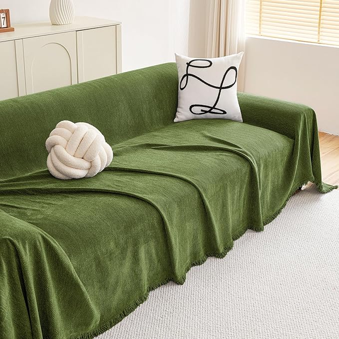 hyha Couch Cover for Dogs, Boho Sofa Covers for 3 Cushion Couch Washable, Chenille Sofa Slipcover for Pets, Soft Loveseat Sectional Couch Throw Blankets with Tassels (Green, 71x134 Inch)