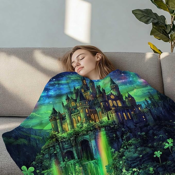 Forest Fantasy Castle Throw Blanket, Medieval and Enchanted Waterfall Stars Blanket for Couch Bedroom Home Decor, Soft and Lightweight Fleece, Machine Washable,40x50 Inches