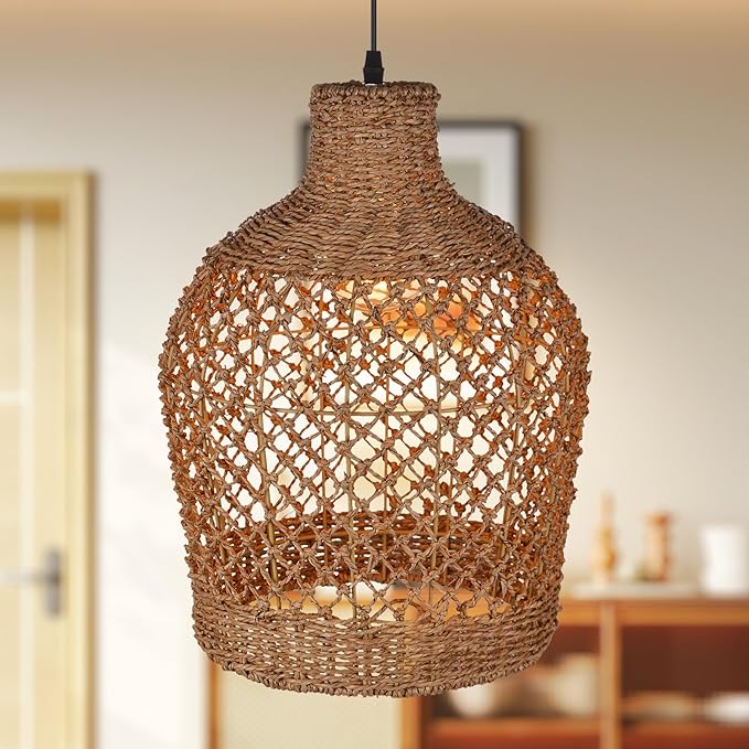 Arturesthome Rattan Pendant Light Woven Chandelier Handwoven Boho Coastal Pendant Lighting Rattan Basket Ceiling Hanging Light for Dining Room Living Room D 11.8″* 15.7″