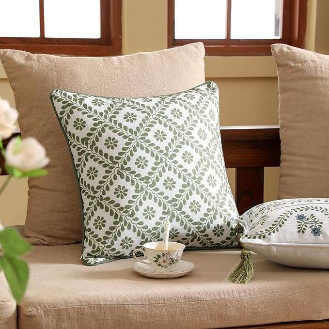 ISAENNE Design Fresh Linen Square Throw Pillow Covers 18"x18", French White Cottage Cushion Covers with Green Branches Pattern Decoration Pillowcases for Bed,Living Room,Outdoor,Car
