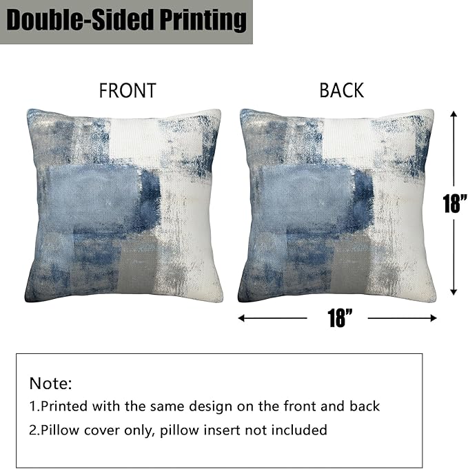 Blue and Grey Abstract Art Pillow Covers 18X18 Set of 2, Grunge Style Oil Painting Decorative Throw Pillow Covers, Pillowcase Cushion Case for Home Sofa Couch Indoor Outdoor Decorations