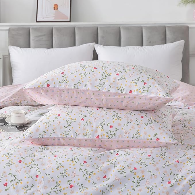 HoneiLife Floral Duvet Cover Queen - 100% Cotton Comforter Cover, Botanical Bedding Duvet Cover Sets with Zipper Closure & Corner Ties, 3-PC Wildflower Comforter Cover Sets, Early Spring