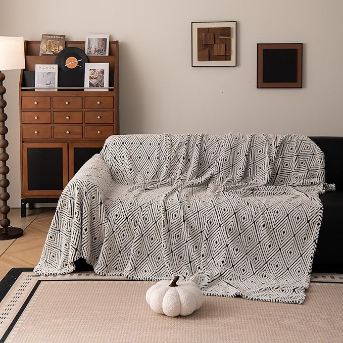 ROOMLIFE Striped Boho Black Couch Cover for 2-3 Cushion Sofa, Fuzzy Plush Warm Sofa Slipcovers Sectional Sofas Covers, Non Slip Washable Furniture Protector Soft with Tassel,Winter 71''X118”