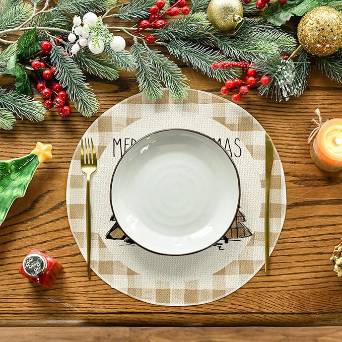 Artoid Mode Watercolor Brown Buffalo Plaid Christmas Trees Round Placemats Set of 4, 14 Inch Seasonal Winter Xmas Holiday Round Table Mats for Party Kitchen Dining Decoration