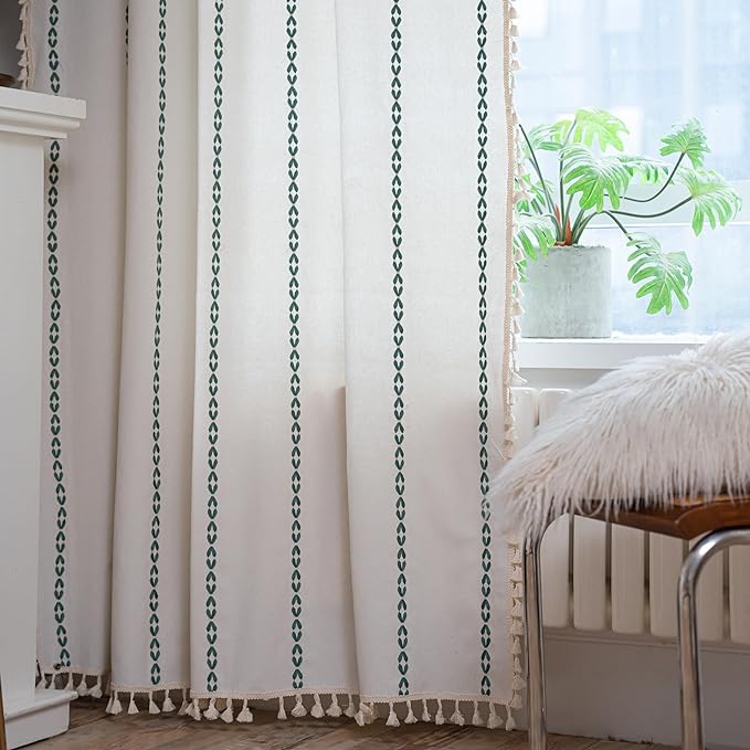 Sutuo Home Boho Curtains 84 inches Long for Bedroom, Semi Blackout Farmhouse Vintage Tassels Window Treatment Bohemian Embroidery Drape, Rod Pocket 1 Panel 52" W x 84" L, White and Emerald Green