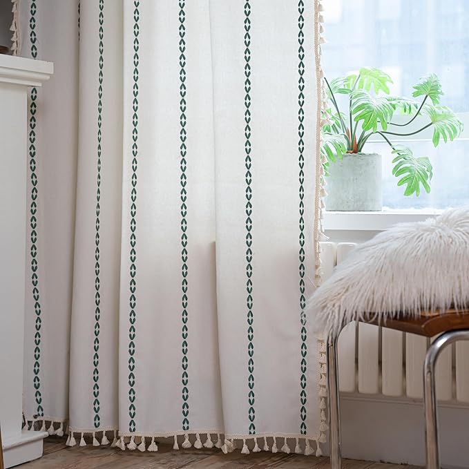 Sutuo Home Boho Curtains for Living Room Bedroom, Semi Blackout Farmhouse Vintage Tassels Window Treatment Bohemian Embroidery Drape, Rod Pocket 1 Panel 52" W x 96" L, White and Emerald Green