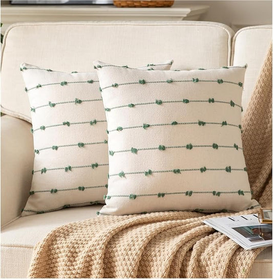 Caflife Boho Throw Pillow Covers 18x18 inches Beige and Green, Set of 2 Modern Farmhouse Decorative Pillow Covers for Couch Bed, Living Room