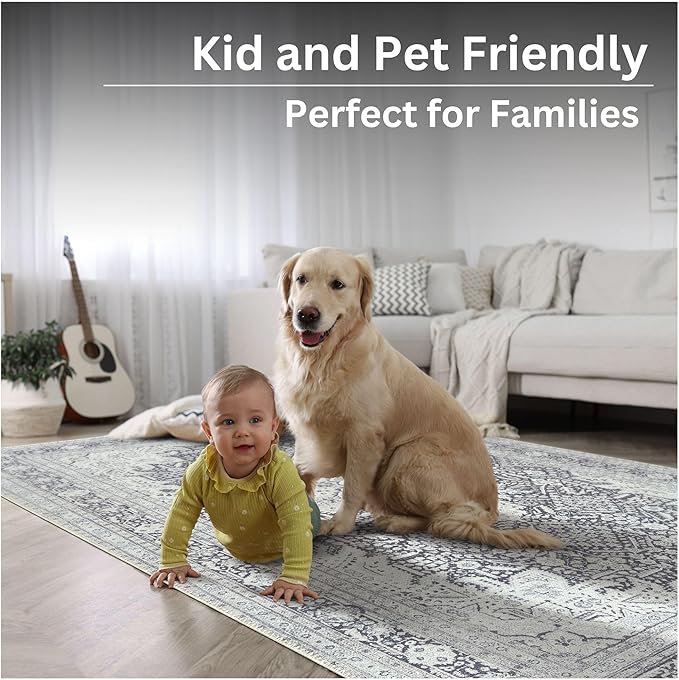 Bloom Rugs Washable Non-Slip 6' x 9' Rug - Charcoal Blue Traditional Medallion Area Rug for Living Room, Bedroom, Dining Room, and Kitchen - Exact Size: 6' x 9'