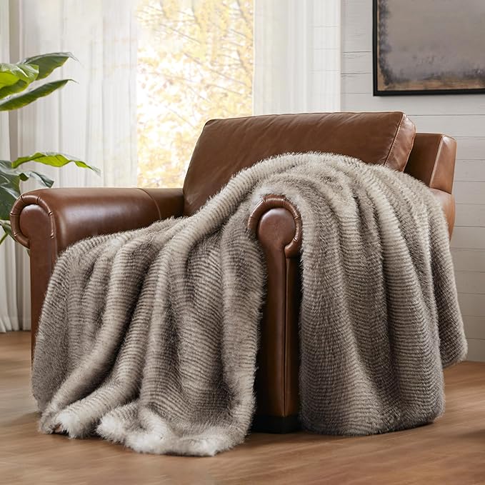 Hyde Lane Soft Faux Fur Throw Blanket, Luxury Fluffy Blankets for Couch Bed Decoration, Thick Heavy & Puzzy Throws, Gift for Women (Striped Brown, 60x80)