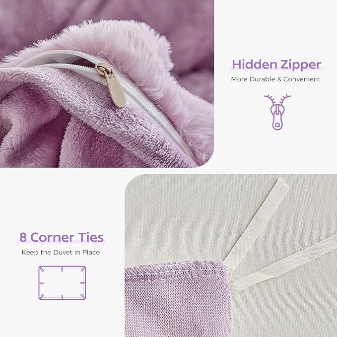 Tokokimo Fluffy Fleece King Size Duvet Cover Set, Ultra Soft Reversible Heavyweight Bedding Set, Extra Warm Winter Duvet Cover Set with 2 Pillow Cases, All Season Fuzzy Comforter Cover Set, Purple