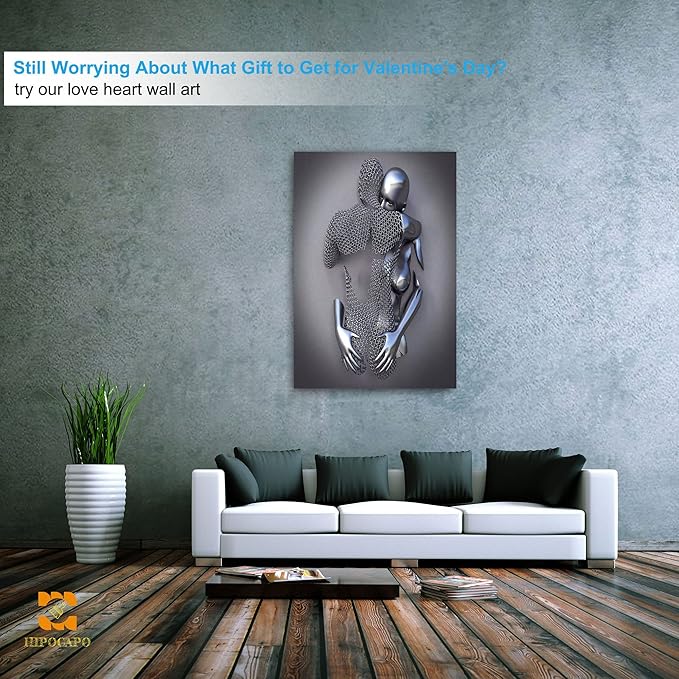 3D Metal Effect Wall Art - 3D Metal Art Wall, Silver Modern Abstract Hug Lovers Painting Picture Poster Prints for Bathroom, Romantic Couple Living Room Canvas Wall Art Framed 32”x48”x1Pcs