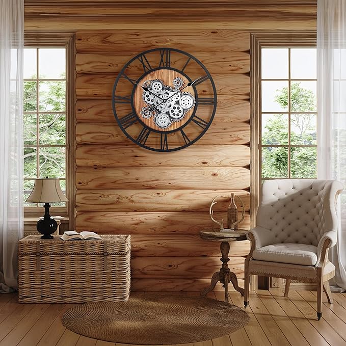 Lafocuse 23 Inch Real Moving Gear Wall Clock, Steampunk Wooden Large Wall Clock for Living Room Decor