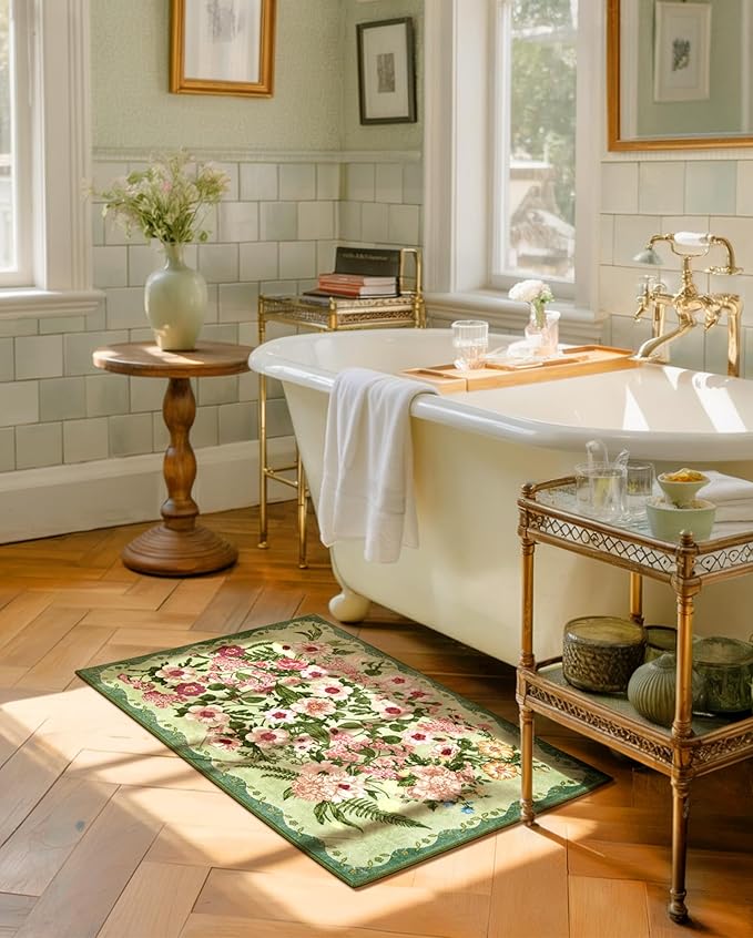 Door Mat Indoor Entrance 2x3 - Floral Rug Washable Small Area Rug Non-Slip Low Pile Rugs for Entryway, Kitchen, Bedroom, Entry, Bathroom - Green