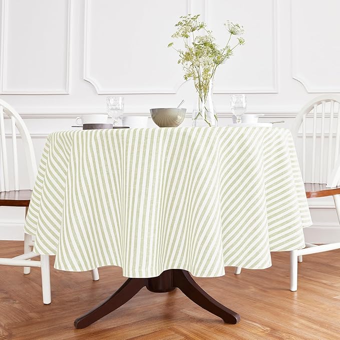 Solino Home Linen Round Tablecloth 70 Inch - Amalfi Stripe, 100% Pure Linen Sage and White Round Tablecloth - Machine Washable Table Cloth for Fall, Autumn, Thanksgiving, Christmas, Winter