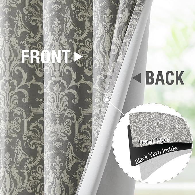 jinchan Room Darkening Curtains for Bedroom Grey Damask Patterned Curtains 63 Inch Length for Living Room Linen Textured Vintage Drapes Medallion Window Treatments Grommet Top 2 Panels Set