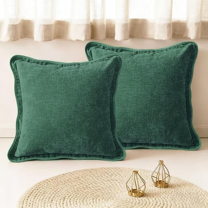 CaliTime Throw Pillow Covers Decorative 18 X 18 Inches Pack of 2 Cozy Chenille Scalloped Wavy Edge Cushion Cases for Couch Sofa Bed Living Room Farmhouse Dark Green