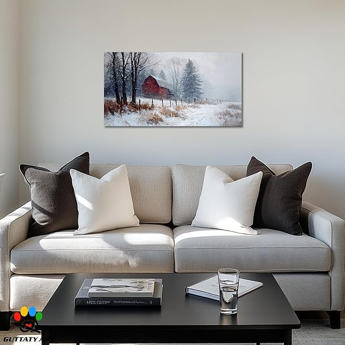 GUTTATY Christmas Winter Scene Canvas Wall Art, Rustic Red Barn Canvas Prints, Snowy Landscape Wall Artwork, Holiday Wall Decor Poster, Cozy Winter Pictures for Living Room, Bedroom, 16x8 Inch