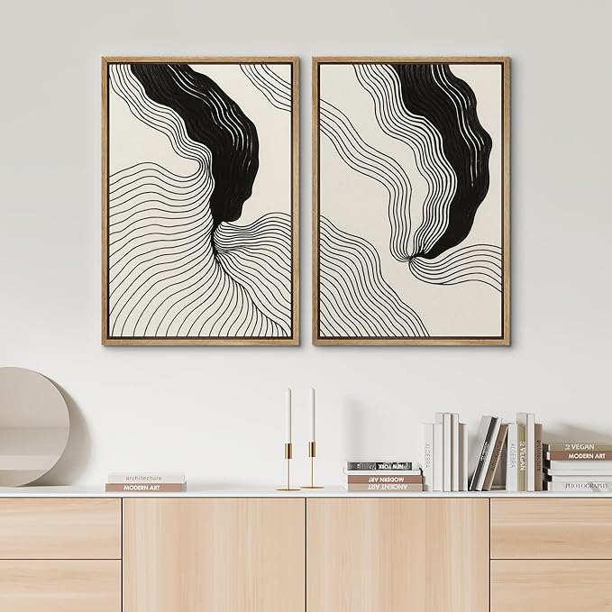SIGNWIN Framed Canvas Print Wall Art Set Abstract Black Line Flow Minimalist Modern Art Minimal Boho Relax/Calm for Living Room, Bedroom, Office - 16"x24"x2 Natural