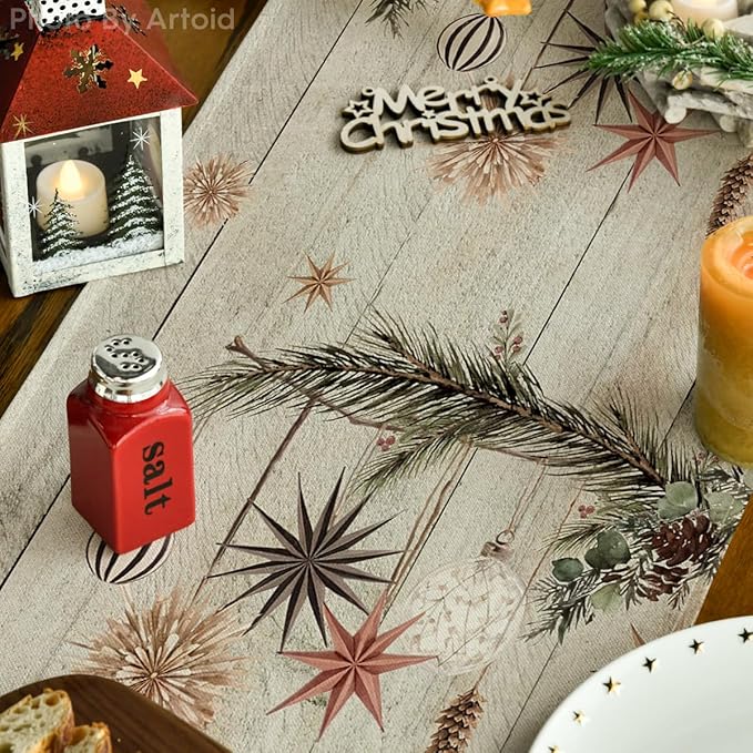 Artoid Mode Xmas Trees Holly Pine Cone Christmas Table Runner, Seasonal Winter Wood Kitchen Dining Table Decoration for Home Party Decor 13x72 Inch